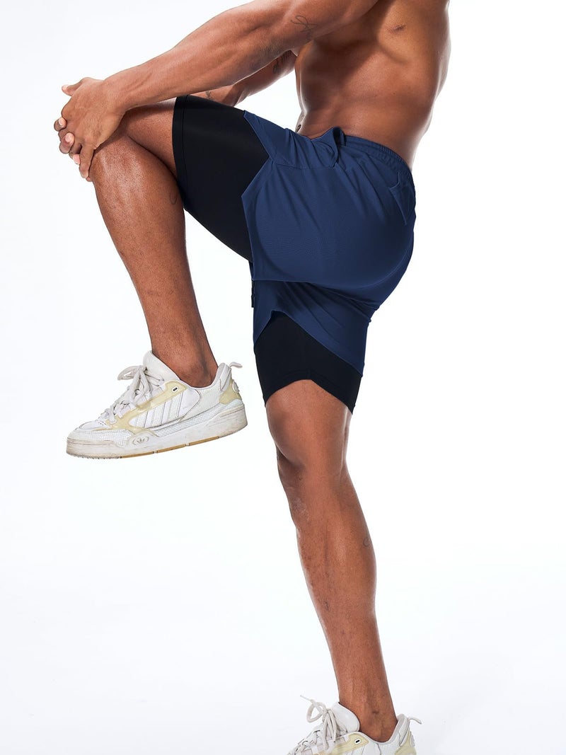 Surenow Men's Athletic Running Shorts Quick Dry Workout Shorts 2 in 1 Shorts 5" Gym Running Shorts for Men with Phone Pocket Navy Blue - Image 3